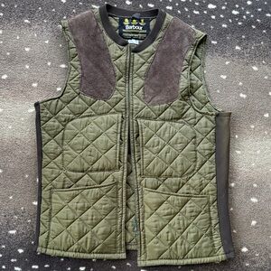 Men's Barbour Green Quilted Vest with Brown Leather Accents